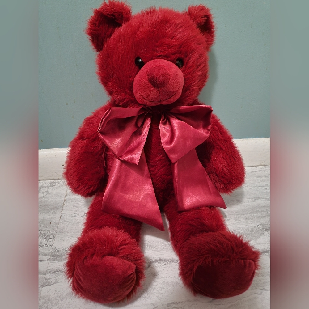 Plush Deep Red Teddy Bear with Satin Bow - Kids Toys